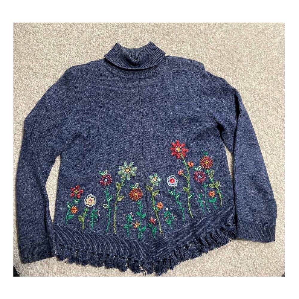 Alfred Dunner Medium Petite PM Turtleneck Embroidered Floral Fringe Sweater Blue
